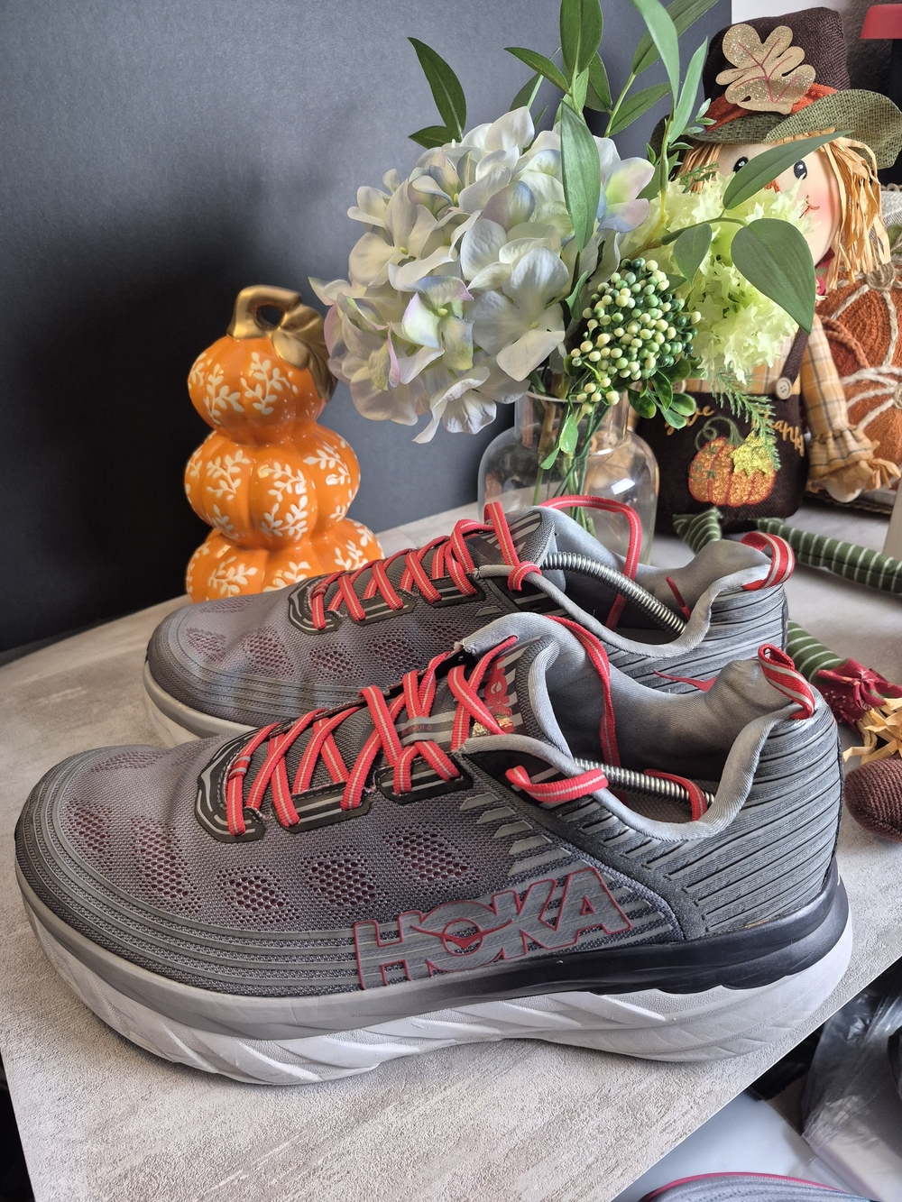 HOKA Men's Gray Running Shoes with Red Accents. Size 14